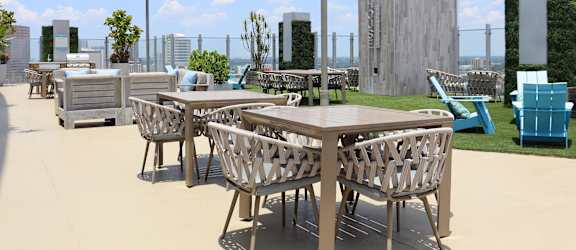 a rendering of a patio with tables and chairs on a rooftop