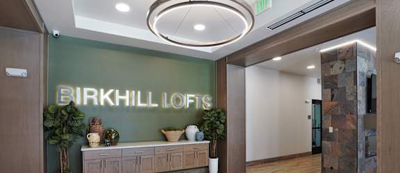 A hallway with a green wall and a sign that says Birkhill Lofts.
