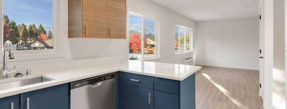 a kitchen with blue cabinets and a sink and a window