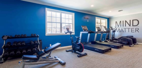 a gym with cardio equipment and weights in a room with a window