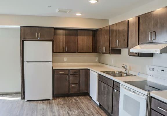 a kitchen at the cornhill landing apartments in rochester, ny