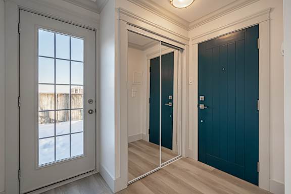 A white door with a window is on the left and a dark blue door is on the right.