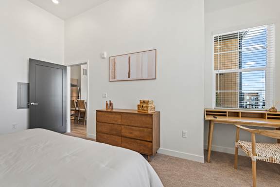 Bedroom with desk at Solhavn Apartments, American Fork, Utah