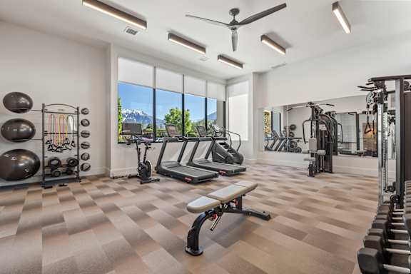 A well-equipped gym with a variety of exercise equipment.