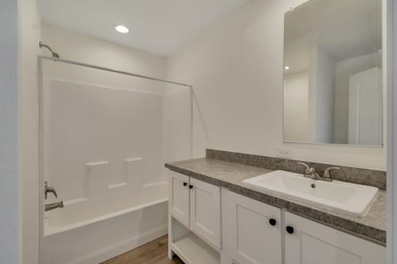 a bathroom with a bathtub and a sink