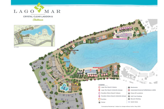 a map mar with descriptions of amenities and a lake