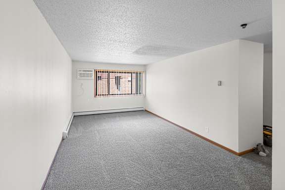 A room with a window and a carpeted floor.