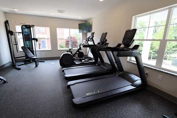 A gym with treadmills, elliptical machines, and a weight machine.