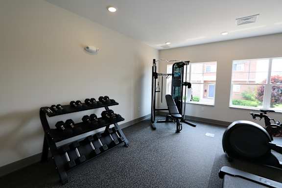 A gym room with a weight bench, dumbbells, and a treadmill.