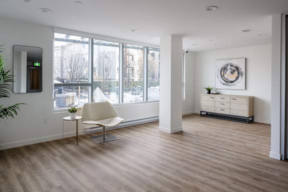 A room with a white chair and a plant on a table.