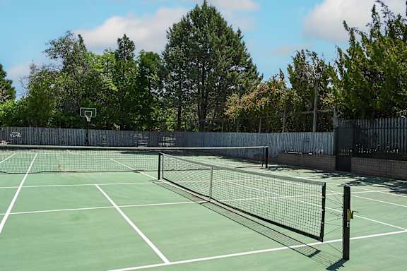 A tennis court with a net and trees in the background.