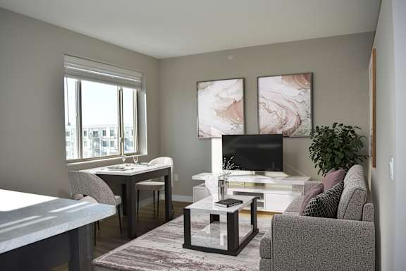 A living room with a grey couch, a coffee table, a dining table, and a TV.