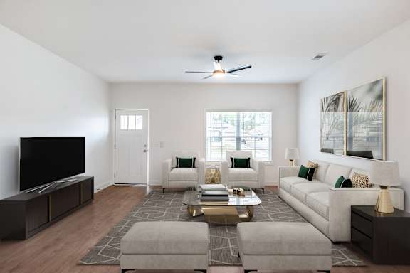 A living room with a television, couch, and a rug.