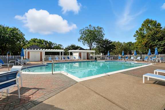 A large outdoor swimming pool surrounded by blue lounge chairs and umbrellas.