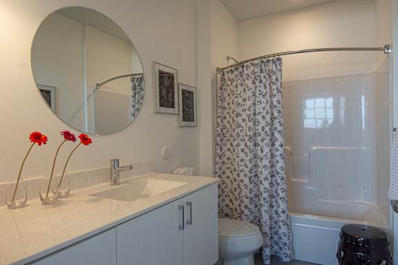 A bathroom with a sink, mirror, toilet, and shower.