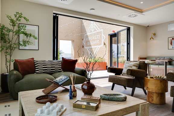A modern office space with a green plant hanging from the ceiling and a long wooden table with chairs.