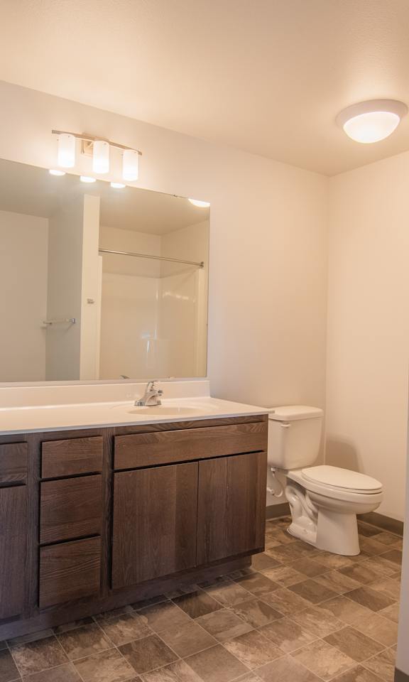 A bathroom with a toilet, sink, and mirror.