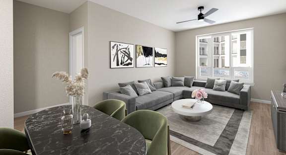 a living room with a couch and a coffee table