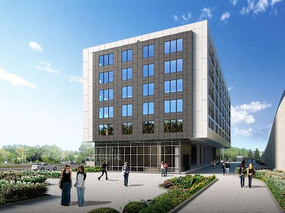 a rendering of a building with people walking in front of it