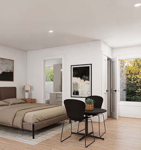 a living room with a dresser and a mirror on the wall