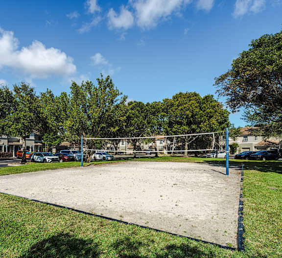 A volleyball court is surrounded by trees and parked cars.