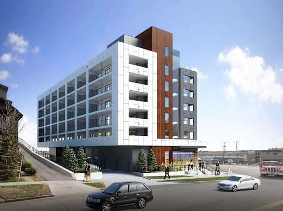 a rendering of an apartment building with cars parked in front of it