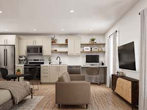 A modern kitchen with a dining table and chairs.