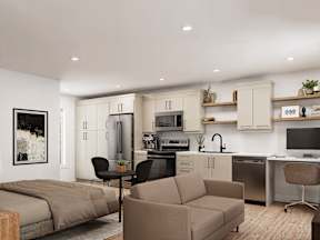 A modern living room with a kitchen in the background.