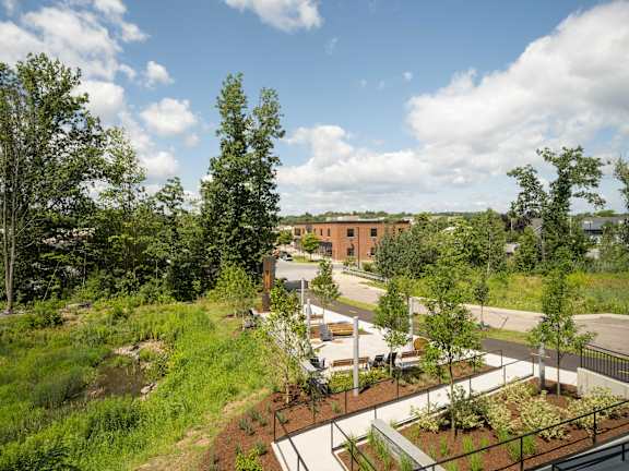 A view of a green landscape with trees and a building in the background.