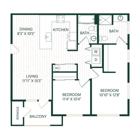2 Bedroom 2 Bathroom Jade Floor Plan at Sonder Fields Apartments, Happy Valley, 97015