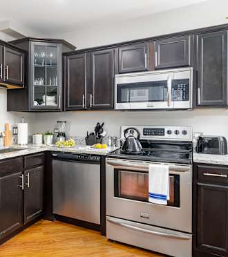 a kitchen with stainless steel appliances and black cabinets