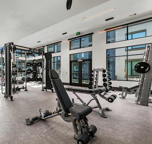 A spacious gym with a variety of equipment including treadmills, weights, and exercise machines.