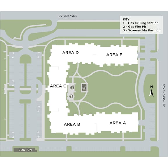 A map of a park with a key indicating a gas grilling station, gas fire pit, and screened-in pavilion.