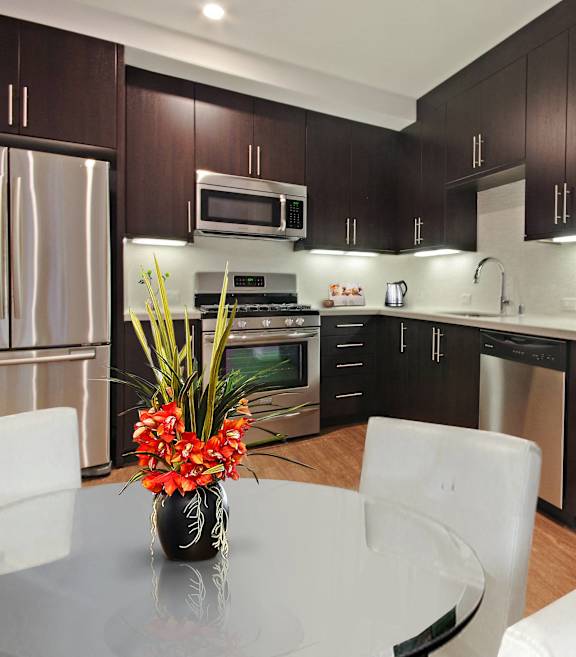 A modern kitchen with dark brown cabinets and stainless steel appliances.