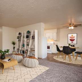 A living room with a grey couch, a coffee table, a rug, a chair, a potted plant, a shelf with books and decorative items, and a ceiling fan.