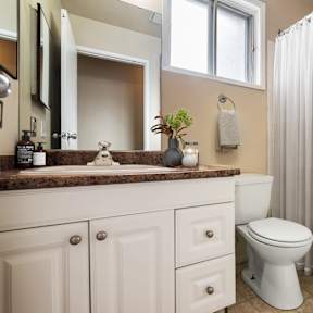 A white toilet sits in a bathroom with a brown counter.