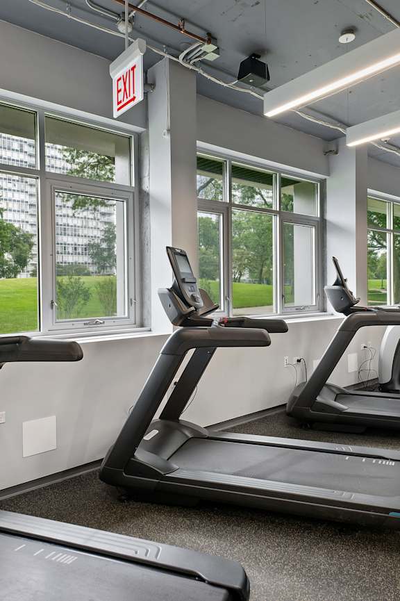 A gym with treadmills and exercise bikes.