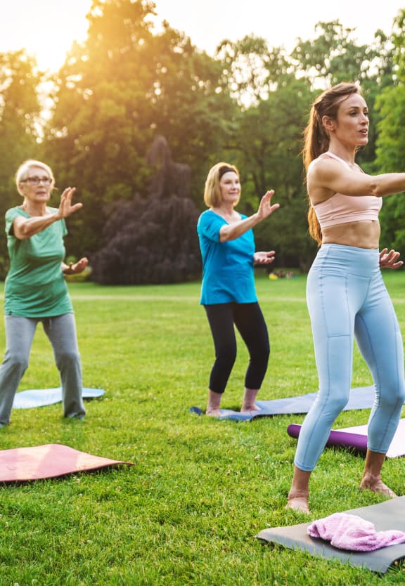 a group of women doing yoga in a park