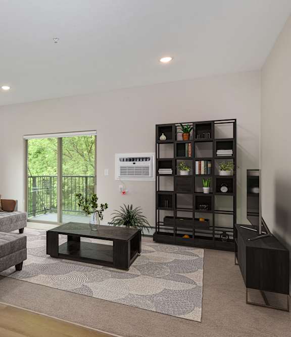 a living room with a couch and a coffee table