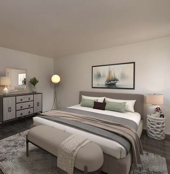 A bedroom with a bed, nightstands, and a painting on the wall.