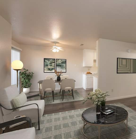 A living room with a grey carpet and a black coffee table.