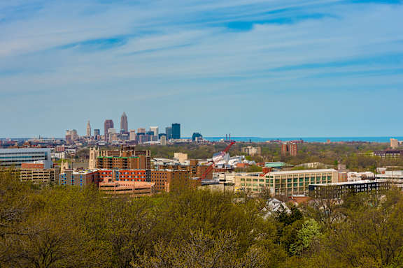 A cityscape with buildings and trees in the foreground.