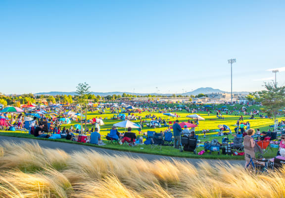 a crowd of people sitting on top of a grass covered field