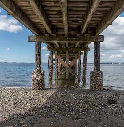 A wooden pier extends into a body of water.