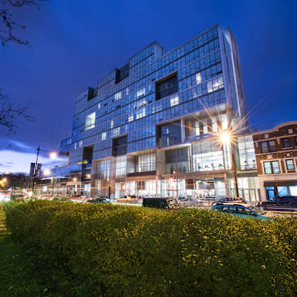 A modern building with a glass facade is illuminated from within, standing next to a field of yellow flowers under a dusky sky.