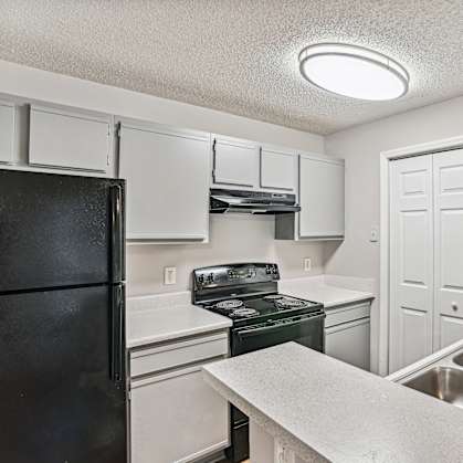 the preserve at ballantyne commons apartment kitchen with black appliances and white cabinets
