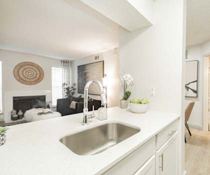 A kitchen with a white countertop and a stainless steel sink.