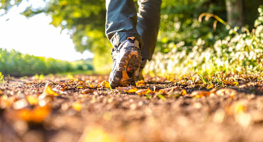 A person's feet walking on a path with leaves on the ground.
