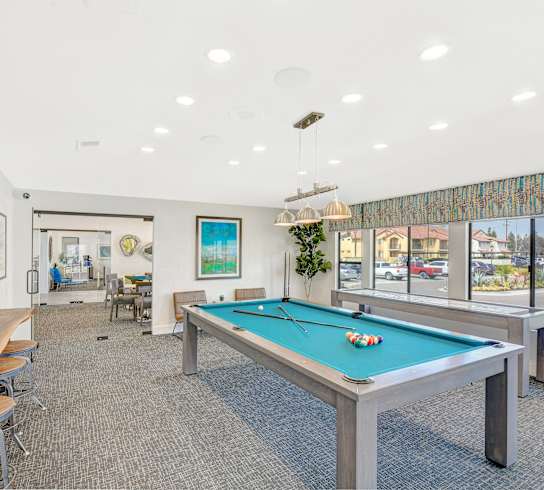 a games room with a pool table and a television