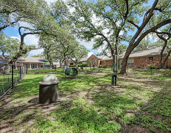 A backyard with a fence, a tree, and a house in the background.